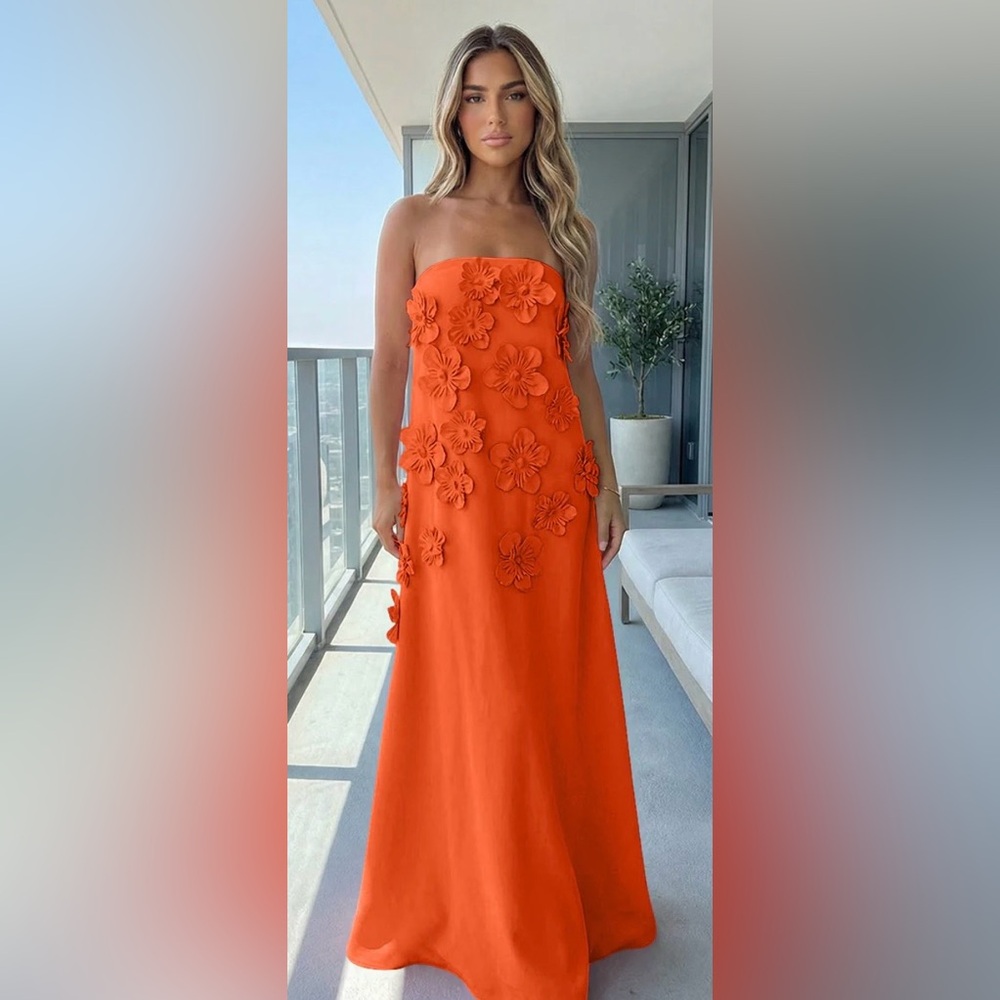 Orange Strapless Floral Gown